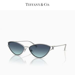Tiffany & Co Womens Thin Metal Cat Eye Sunglasses TF3095 Silver/Blue Pre-Owned
